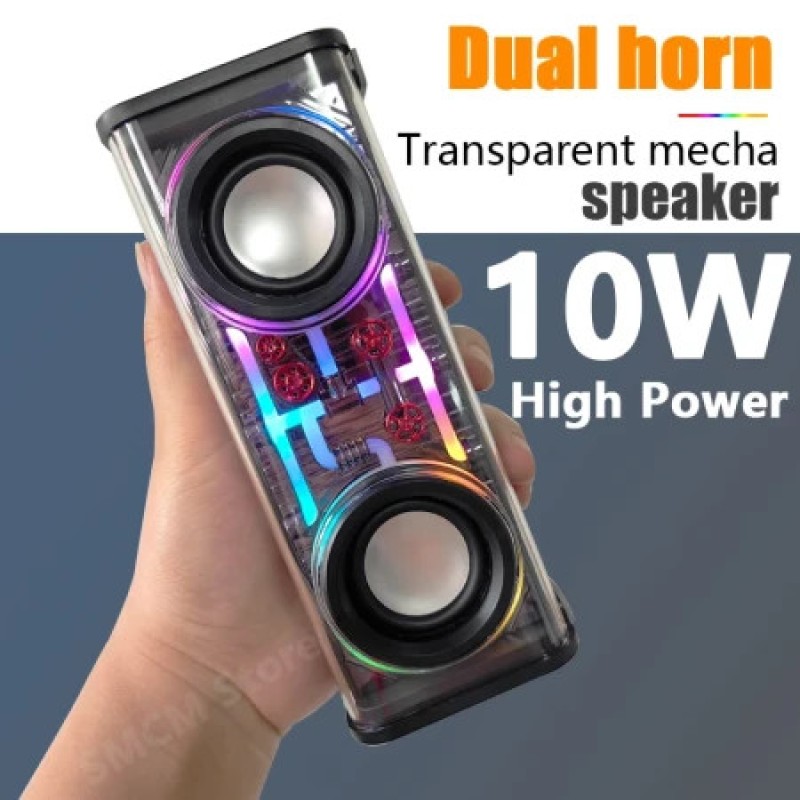 Dual-horn Transparent Mecha Mini Portable Wireless Bluetooth Speakers Outdoor Subwoofer TWS Small Steel Cannon RGB Color Lights Images